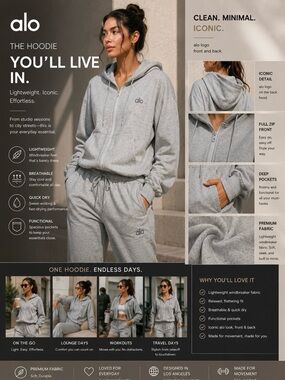 ALO HOODIE Yoga Light Gray Full-Zip Hoodie - Heather Gray NWOT